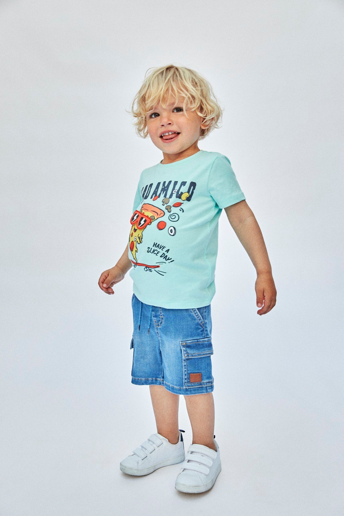 name it toddler boy turquoise t-shirt with pizza slice print.