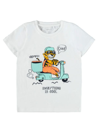 name it toddler boys white t-shirt with tiger on a vespa print.