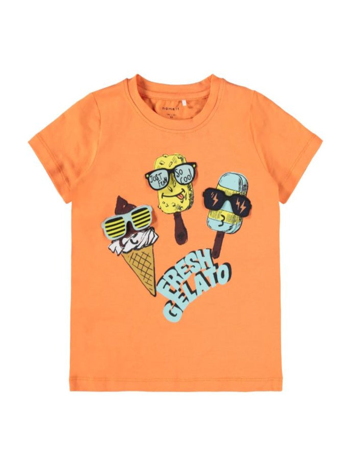 name it toddler boys orange t-shirt with ice cream print.
