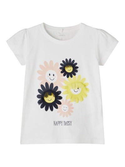 Name it Mini Girls White Short Sleeved Daisy 3D Graphic Top