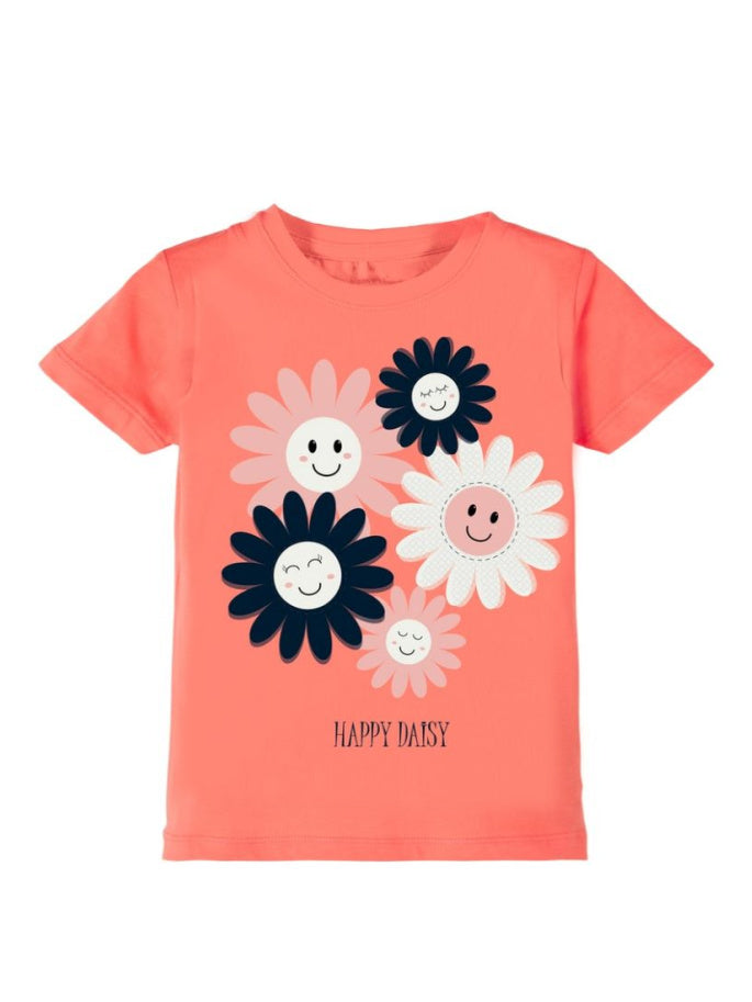 Name it Mini Girls Coral Short Sleeved Daisy 3D Graphic Top