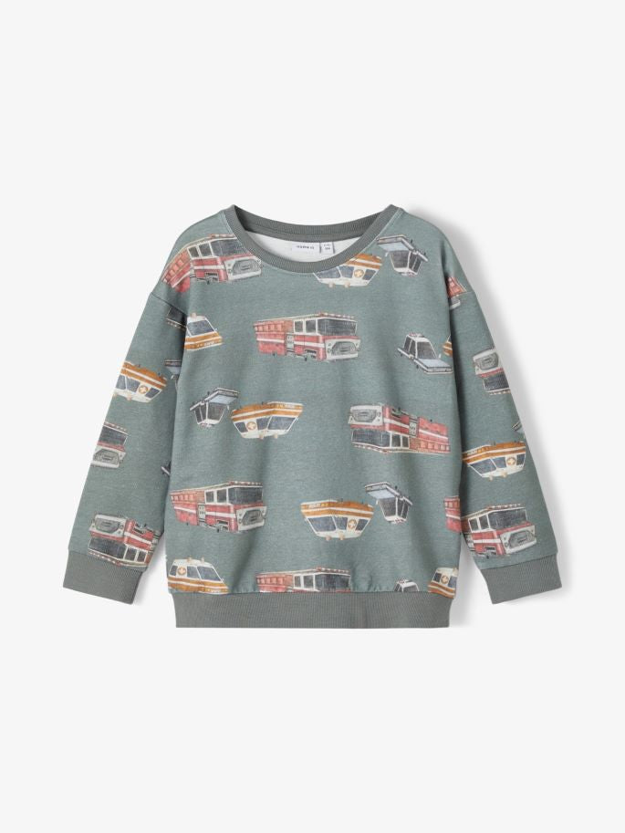 name it toddler boys sage green sweatshirt with fire engine print