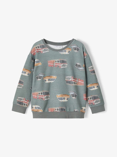 name it toddler boys sage green sweatshirt with fire engine print