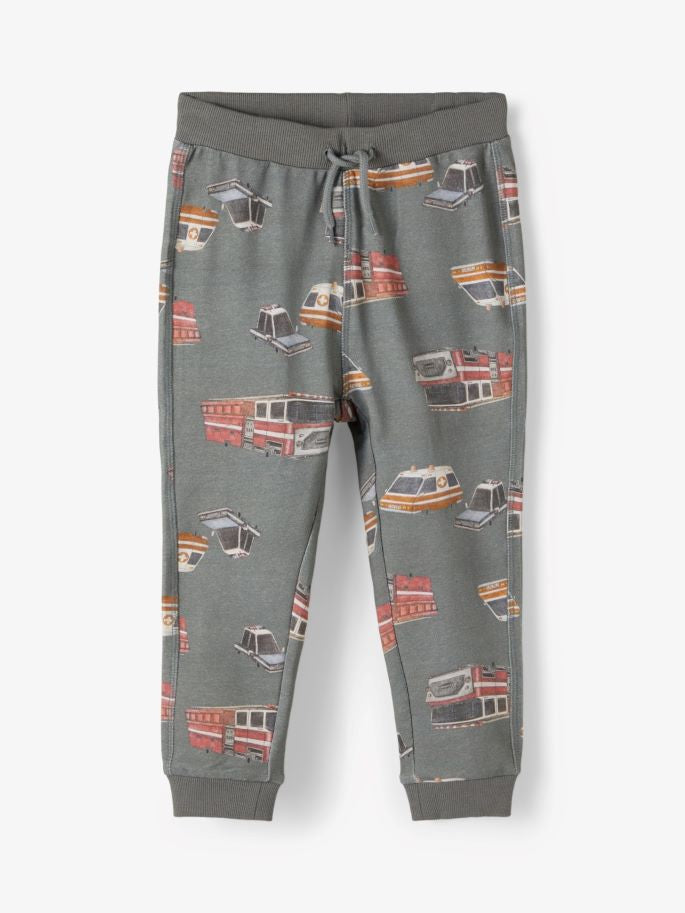 name it toddler boys sage green tracksuit bottoms with fire engine print.
