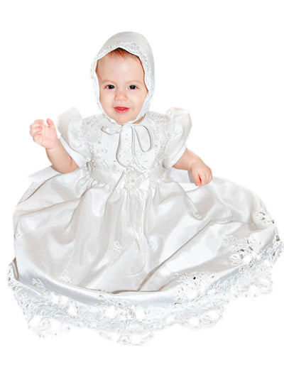 Girls Christening Dress With Matching Bonnet Beaded Embroidery