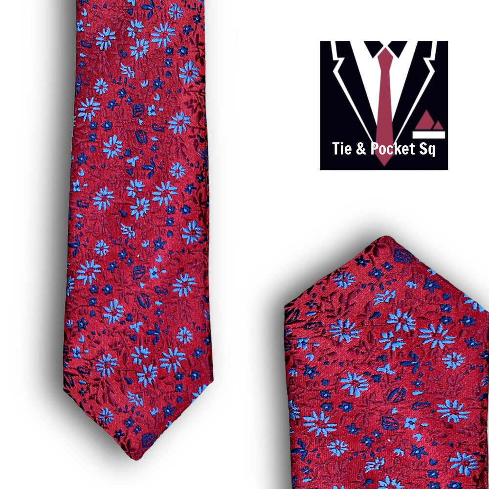 Zazzi Boys Floral Red Tie and Matching Pocket Square 4247-2