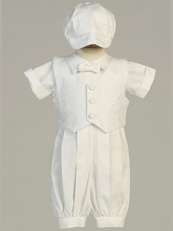 Boy's White Cotton Christening Romper With Waistcoat and Cap