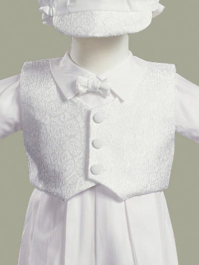 Boy's White Cotton Christening Romper With Waistcoat and Cap