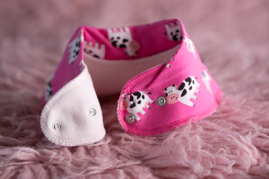 Bandana Bib in Pink with Bessie Cow POPPER BUTTONS