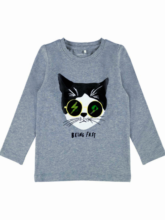 name it toddler boys grey long sleeve top with cat graphic