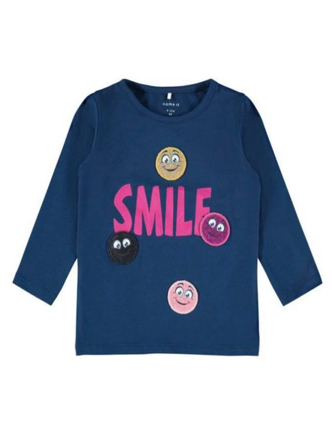 Name it Girls Blue Smiley Face Long Sleeved Cotton Top