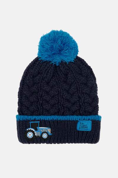 Lighthouse Blue Tractor Cable Knit Bobble Hat