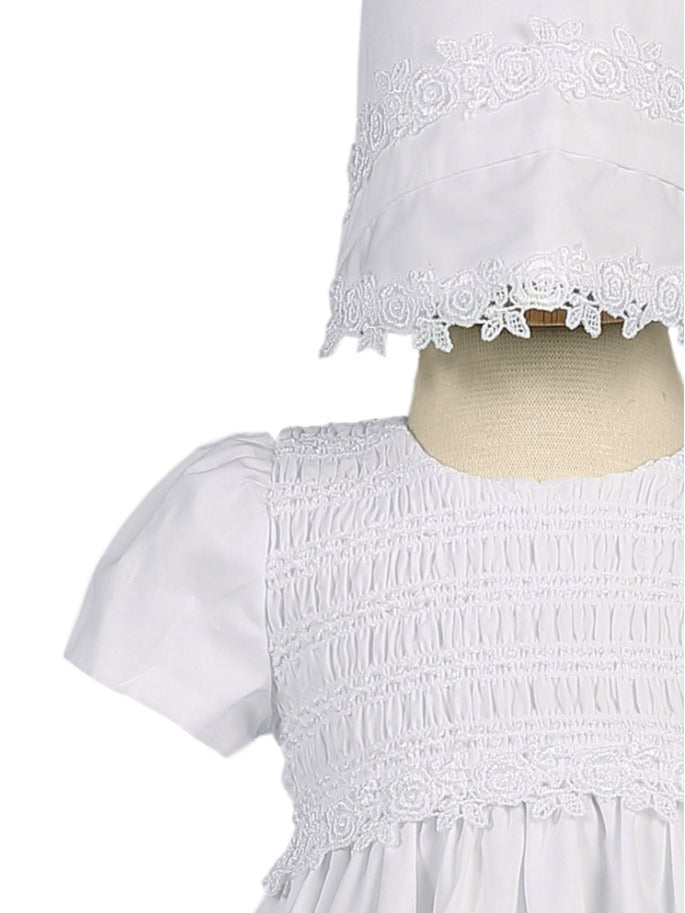 Unisex White Cotton Christening Gown with Smocked Bodice and Bonnet