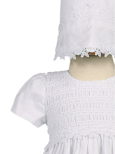 Unisex White Cotton Christening Gown with Smocked Bodice and Bonnet