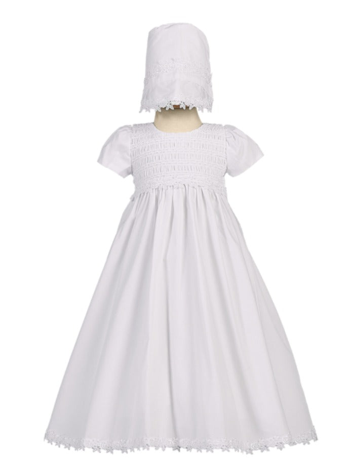 Unisex White Cotton Christening Gown with Smocked Bodice and Bonnet