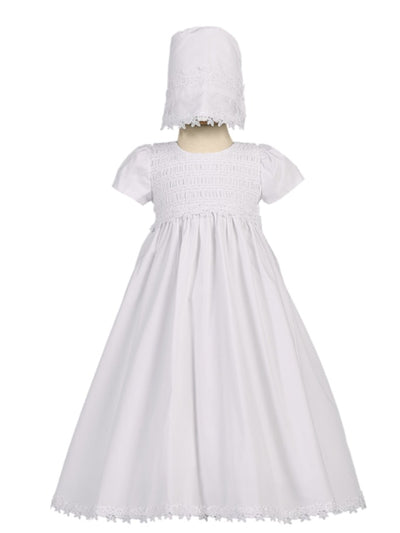 Unisex White Cotton Christening Gown with Smocked Bodice and Bonnet