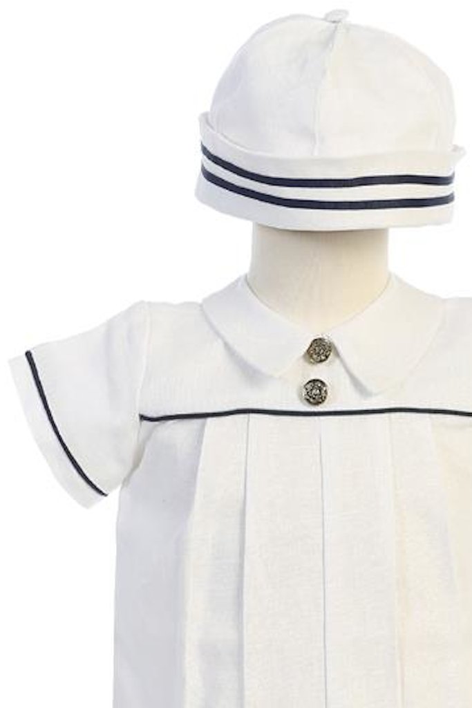 Boy's White Linen Blend Christening Romper With Matching Cap