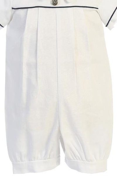 Boy's White Linen Blend Christening Romper With Matching Cap