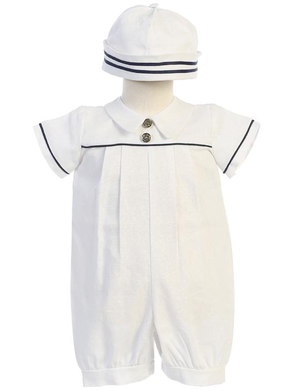 White Linen Sailor Christening Romper