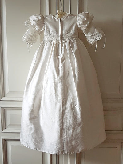 Sweetie Pie Silk Christening Gown with Embroidered Lace Sleeves