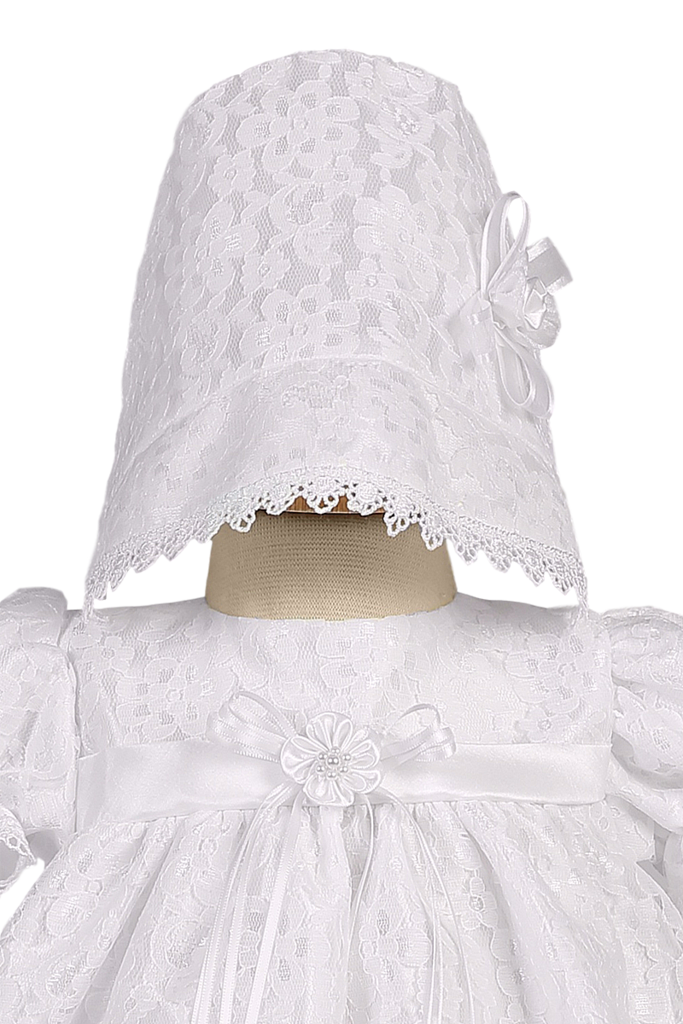 Girls Short White Lace Christening Dress With Matching Bonnet