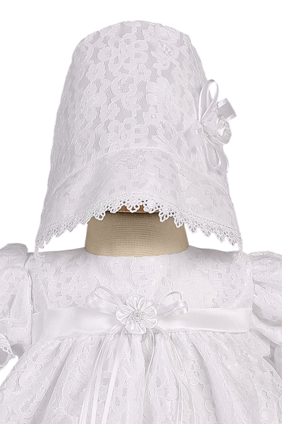 Girls Short White Lace Christening Dress With Matching Bonnet
