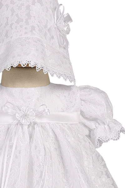 Girls Short White Lace Christening Dress With Matching Bonnet