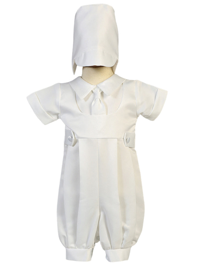 Boy's White Christening Romper with Matching Hat