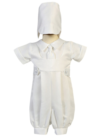 Boy's White Christening Romper with Matching Hat