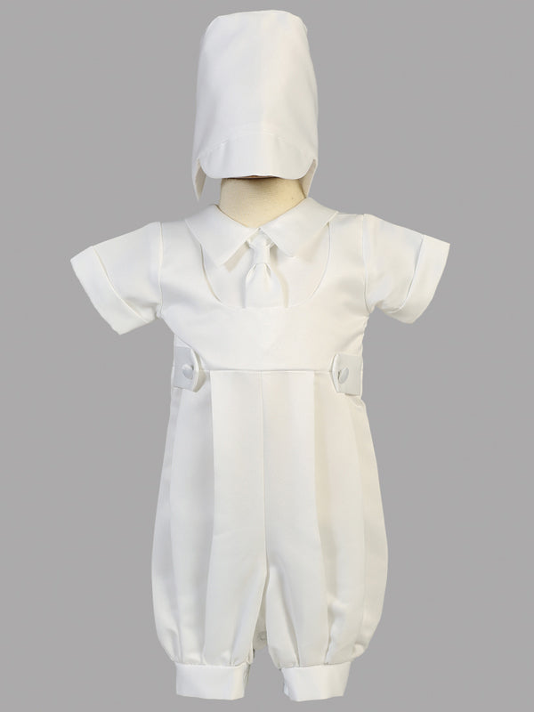 Boy's White Christening Romper with Matching Hat