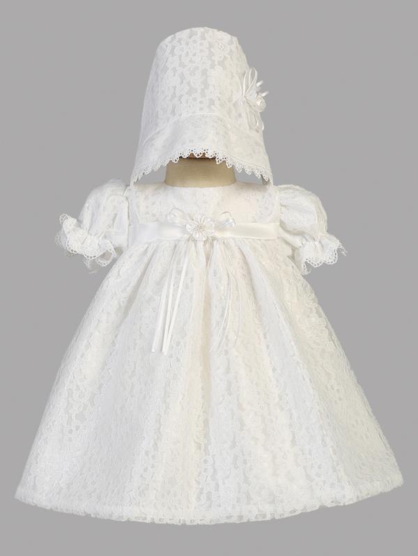 Girls Short White Lace Christening Dress With Matching Bonnet