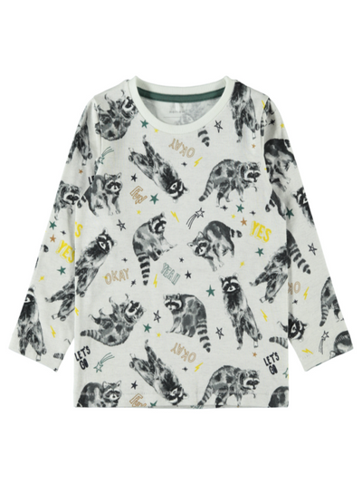 name it toddler boys white long sleeve top with raccoon print
