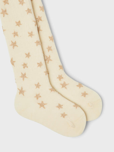 Name It Girls Cream Tights with Glittery Gold Stars