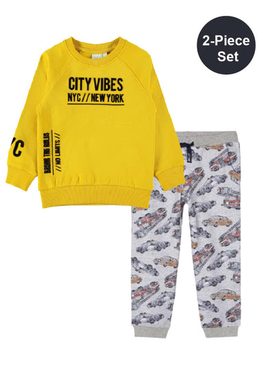 name it toddler boys two piece set yellow sweatshirt and grey bottoms with car print