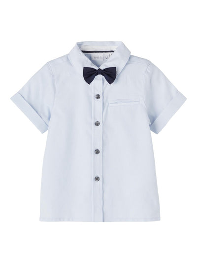 Mini boy short-sleeved shirt with detachable bow tie/Blue