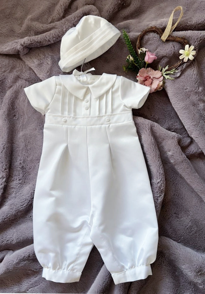 Boy's White Christening Romper With Matching Cap - PC6 Noah