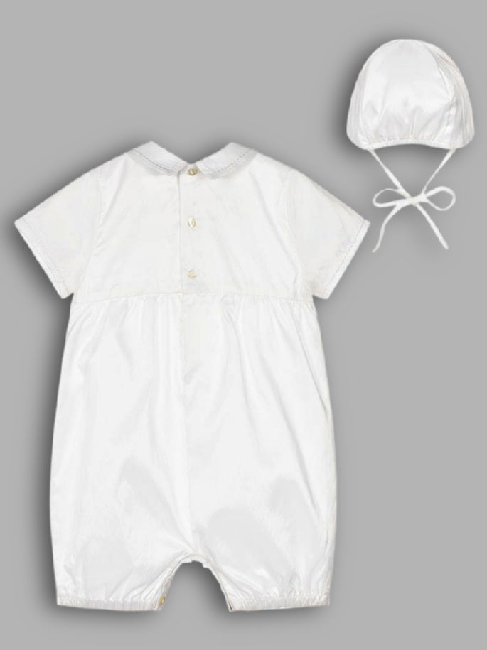 Sarah Louise Boy's White Christening Romper With Matching Cap - 002228