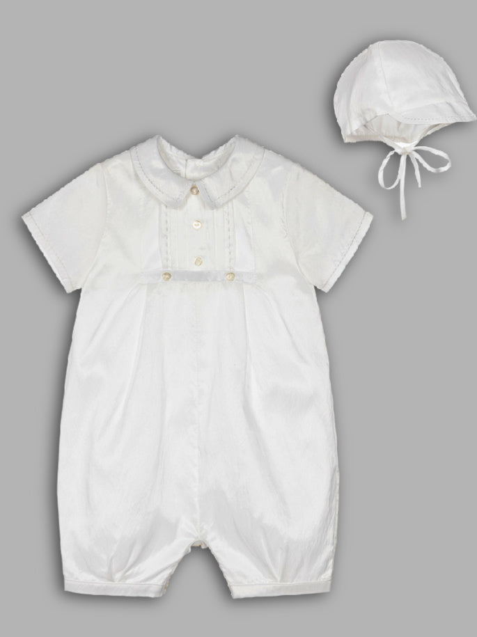 Sarah Louise Boy's White Christening Romper With Matching Cap - 002228