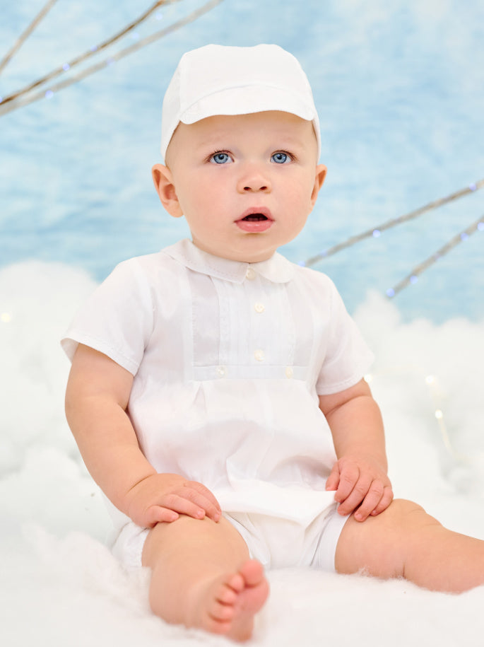 Sarah Louise Boy's White Christening Romper With Matching Cap - 002228