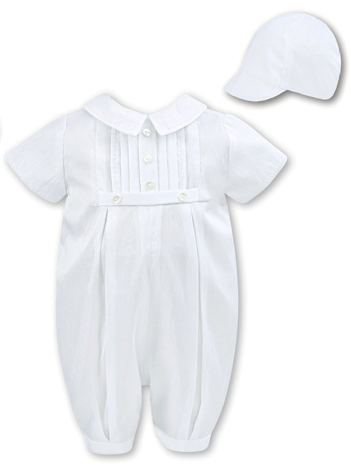 Sarah Louise Boy's White Christening Romper With Matching Cap - 002228