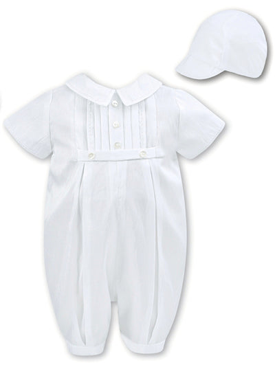 Sarah Louise Boy's White Christening Romper With Matching Cap - 002228