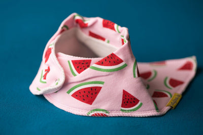 Bandana Bib in Pink with Summery Watermelons SIDE