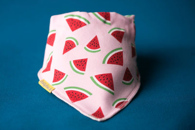 Bandana Bib in Pink with Summery Watermelons FRONT