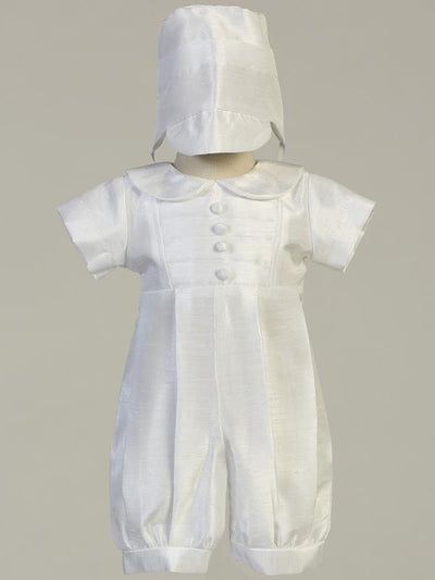 Boy's White Christening Romper With Matching Hat