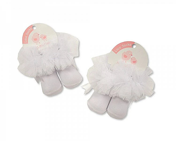 Baby Girl White Frilly Lace Socks with Satin Bow