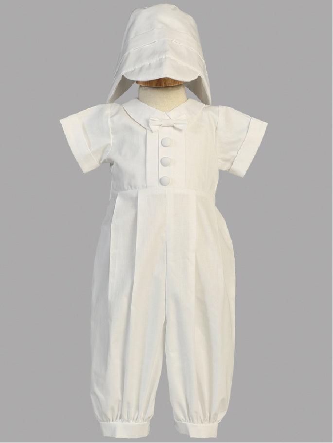 Boy's White Cotton Christening Romper With Matching Hat