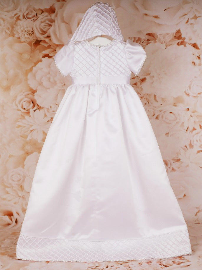 White Christening Gown with Diamante Trim and Matching Bonnet