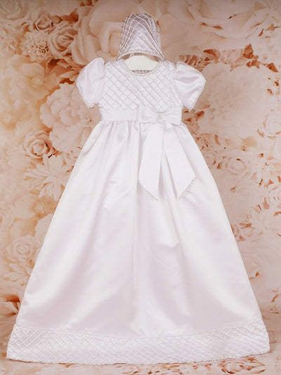 White Christening Gown with Diamante Trim and Matching Bonnet