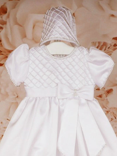 White Christening Gown with Diamante Trim and Matching Bonnet