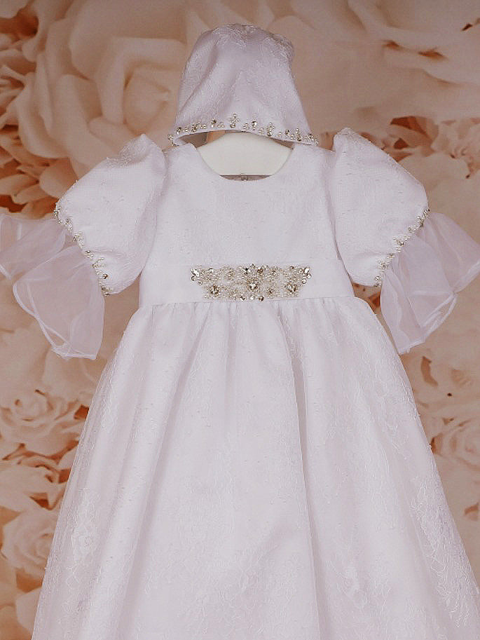 Sweetie Pie Christening Gown with Diamond and Pearl Detail and Matching Bonnet